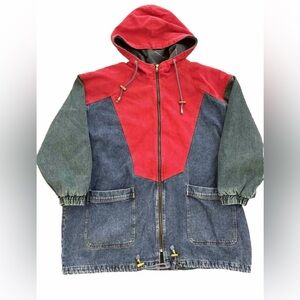 1980’s Vintage Denim Blue Jean Hooded Parka Coat Jacket Womens 3X ~Color Block
